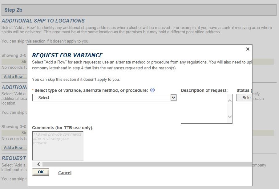 Permits Online Tax-Free Alcohol amendment screenshot 9: Add a variance or alternate-method request.