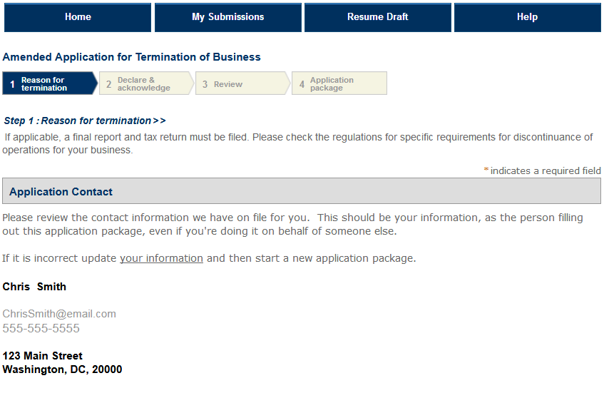 Permits Online screenshot 1: Step 1: Reason for termination