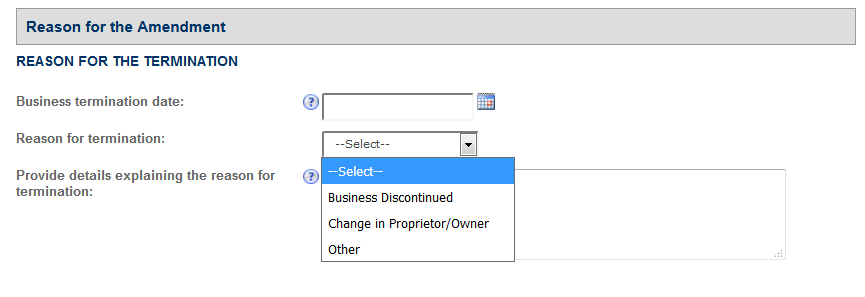 Permits Online screenshot 2: Step 1: Reason for termination