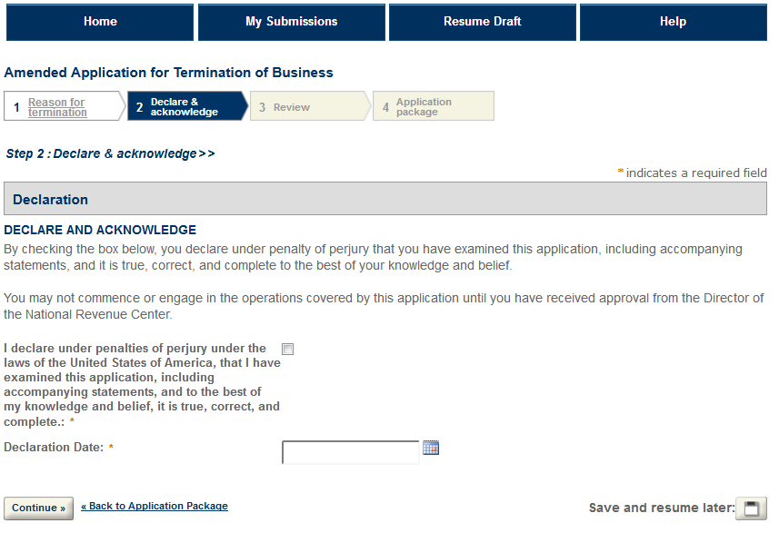 Permits Online screenshot 4: Step 1: Reason for termination