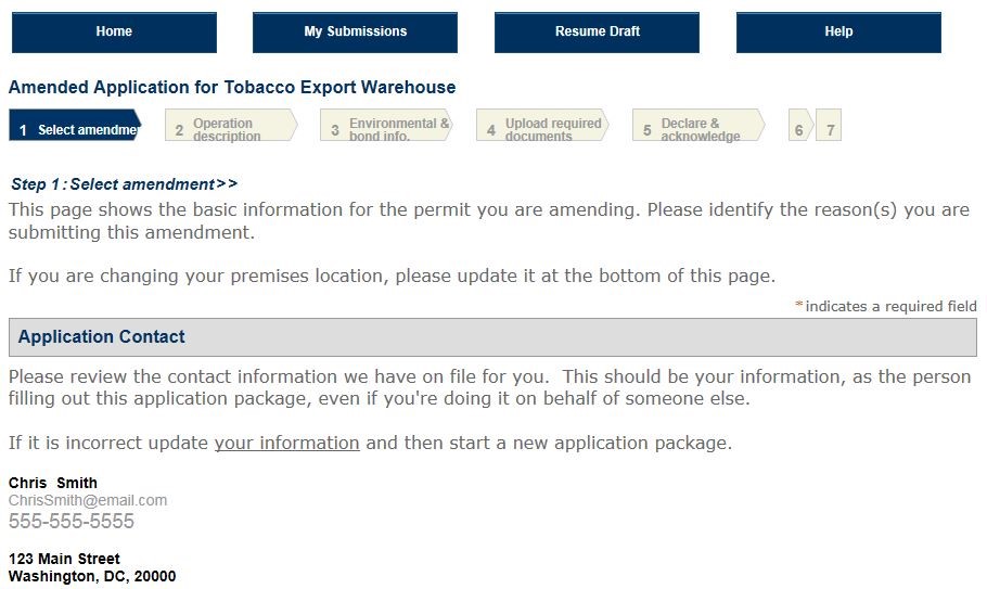 Permits Online screenshot 1: Step 1: Select amendment