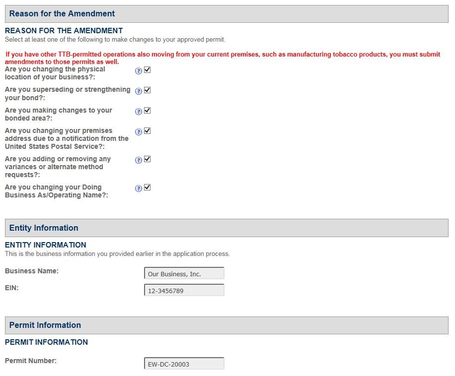 Permits Online screenshot 2: Step 1: Select amendment
