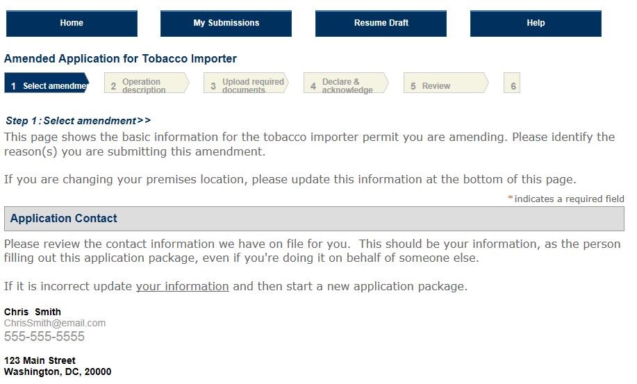 Permits Online screenshot 1: Step 1: Select amendment