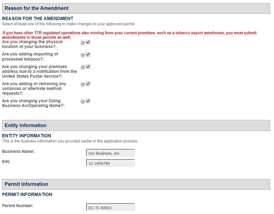 Permits Online screenshot 2: Step 1: Select amendment