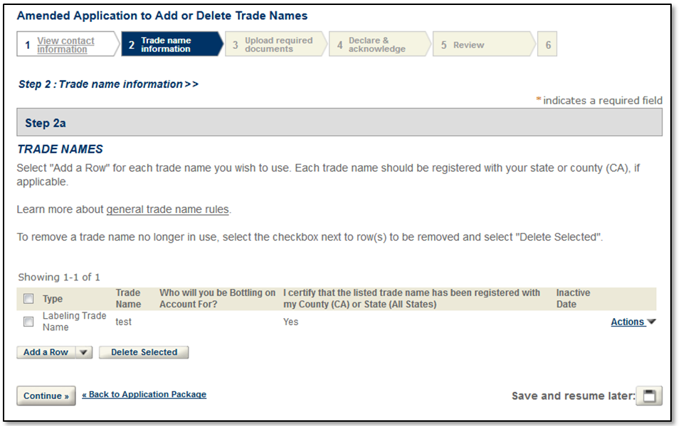 Permits Online screenshot 2: To remove a trade name, select the checkbox next to the row(s) to be removed and select "Delete Selected."