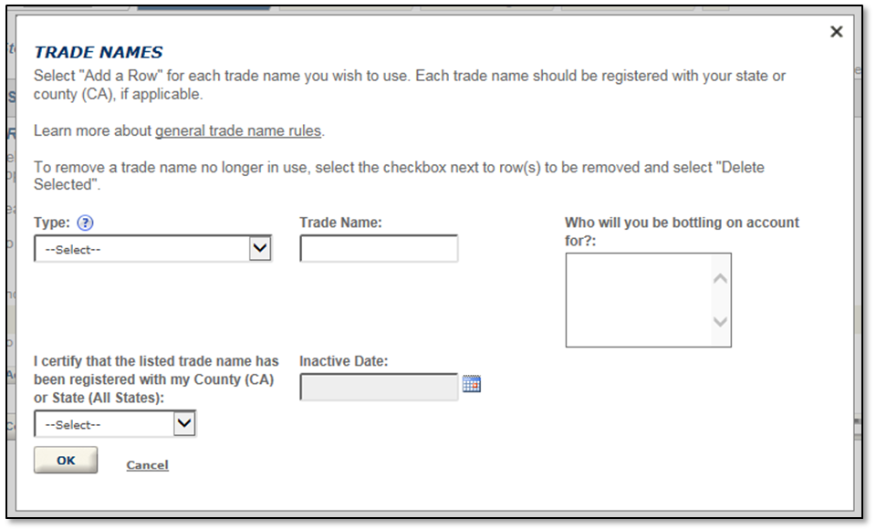 Permits Online screenshot 3: Depending on the type of trade name you select, the questions will change.