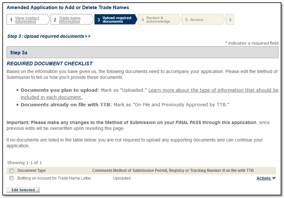 Permits Online screenshot 4: If you are adding a bottling on account for trade name you must upload a letter from the registered owner of the trade name…