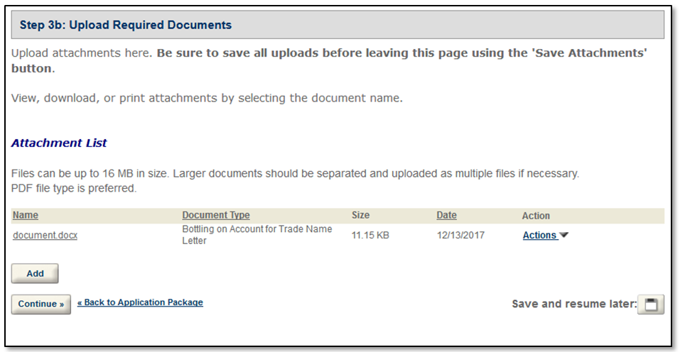 Permits Online screenshot 5: If you are adding a bottling on account for trade name you must upload a letter from the registered owner of the trade name…