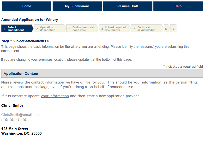Permits Online screenshot 1: Step 1: Select amendment
