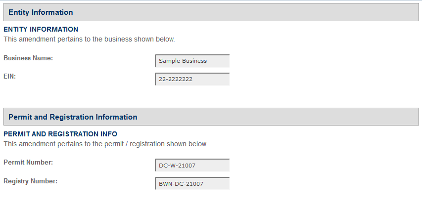 Permits Online screenshot 3: Step 1: Select amendment