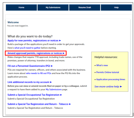 Permits Online screenshot 1: Select "Amend approved permits, registrations or notices" from the Permits Online home page: