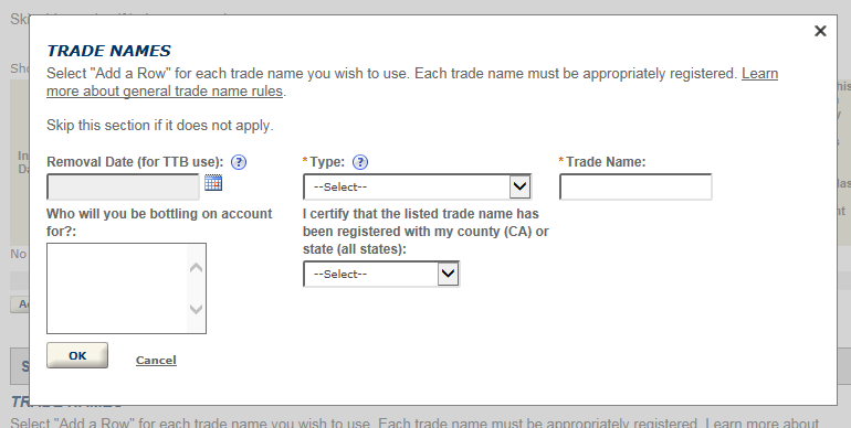 Permits Online screenshot 10: When you select "Add a row," this is the information you'll need to fill out for each trade name you log in the Trade Names…