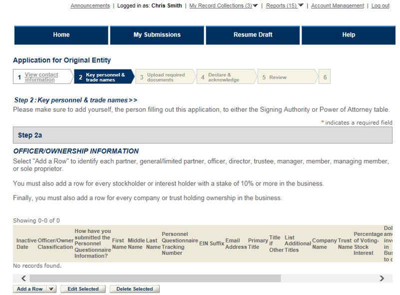 Permits Online screenshot 3: Step 2a: Key Personnel & Trade Names – Officer/Ownership Information