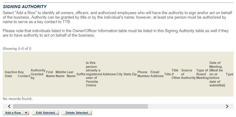Permits Online screenshot 5: In the Signing Authority table, be sure you log at least one person from the business (preferably an owner) who has signing…
