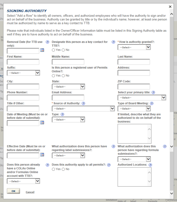 Permits Online screenshot 6: When you select "Add a row," this is the information you'll need to fill out for each person you log in the Signing…