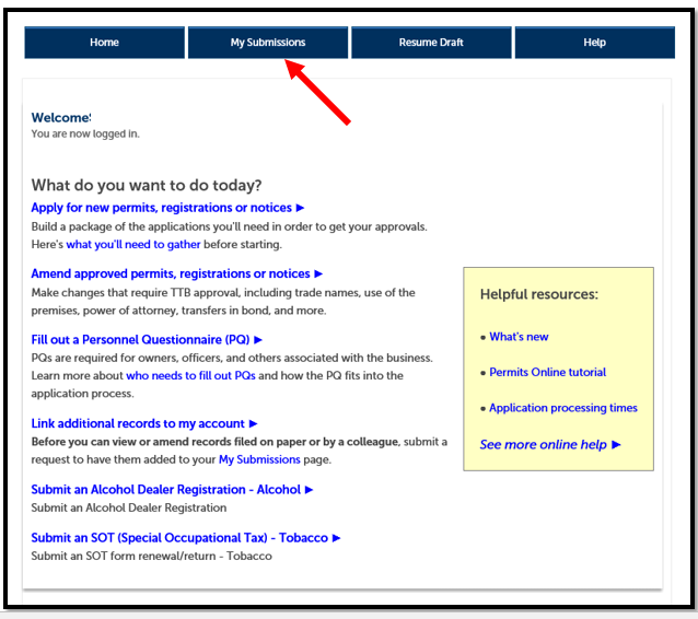 Permits Online screenshot 1: Log in using your user name and password. From the home page select the "My Submission" tab.