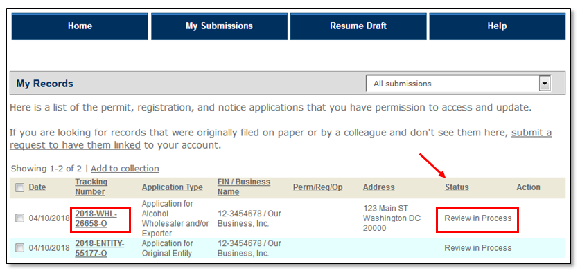 Permits Online screenshot 2: In the My Records section, locate the applicable application tracking number.