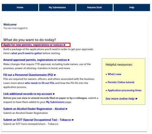 Permits Online screenshot 1: Select "Apply for new permits, registrations or notices" from the Permits Online home page: