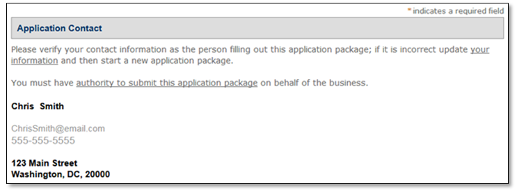 Permits Online screenshot 2: Application contact information.