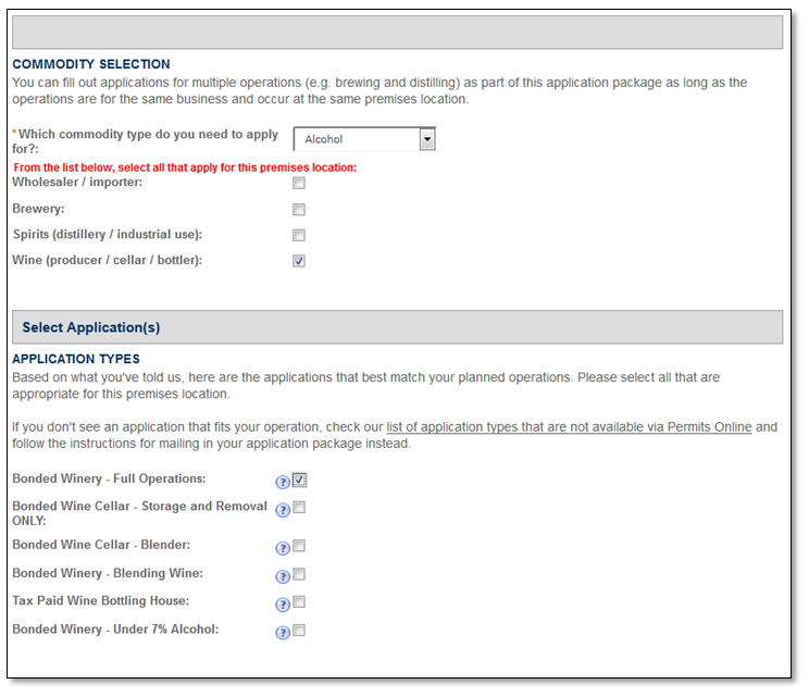 Permits Online screenshot 4: Commodity selection and application type.