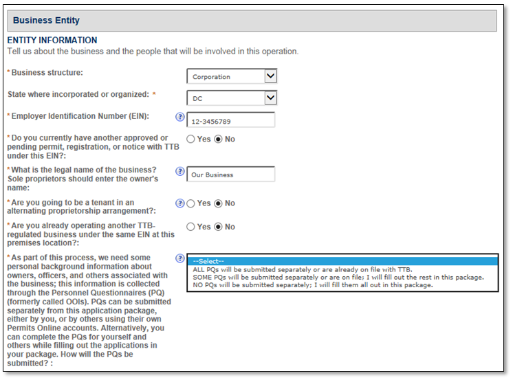 Permits Online screenshot 5: Business entity information and Personnel Questionnaire submission options.