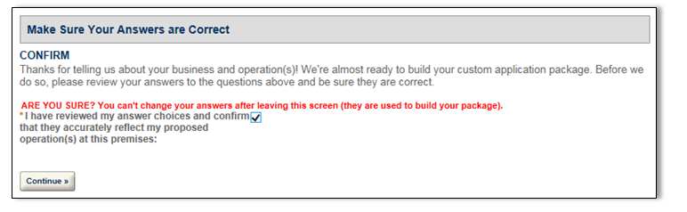 Permits Online screenshot 6: Confirm that your answers are correct before continuing.
