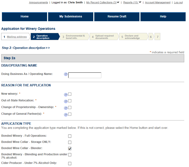Permits Online screenshot 1: Step 2: Operation description