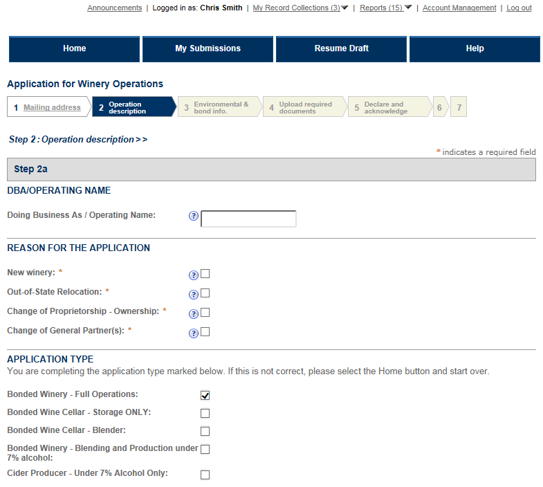 Permits Online screenshot 1: Step 2: Operation description