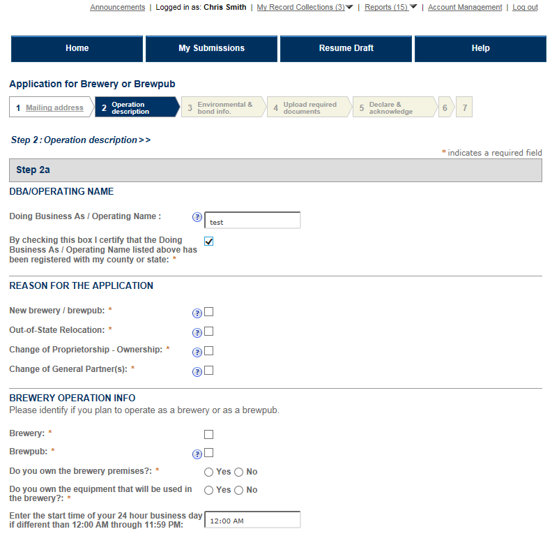 Permits Online screenshot 1: Step 2: Operation description
