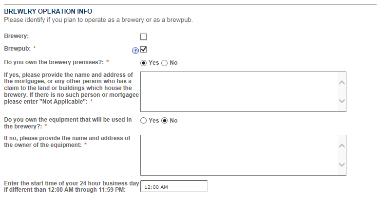 Permits Online screenshot 5: If you do not own the equipment you will use in the brewery, you will be asked to provide information on who owns the…