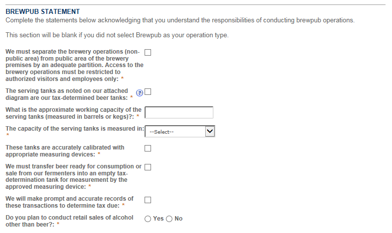 Permits Online screenshot 6: If you select Brewpub you will have to fill out the Brewpub Statement section as well as Brewery Information.