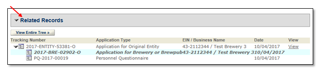 Permits Online screenshot 3: Locate and select the applicable entity tracking number from the "My Records" list and scroll down to the "Related Records"…