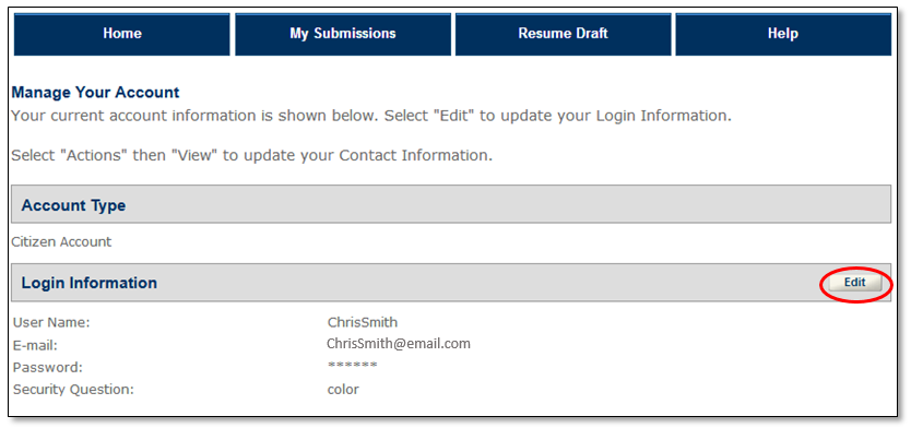 Permits Online screenshot 2: Select "Edit" in the Login Information bar