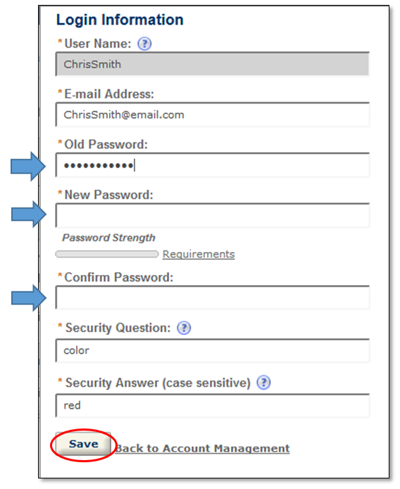 Permits Online screenshot 3: Enter your old password, your new password, confirm your new password. Click "Save."