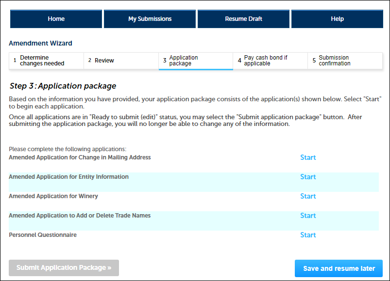 Permits Online screenshot 6: From here select "Start" to open and complete each amendment application in your package.