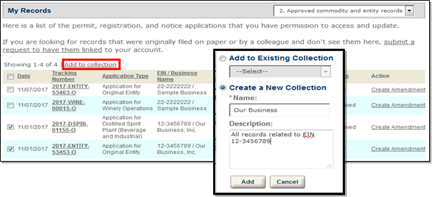 Permits Online screenshot 1: Name the collection, and add an optional description; then select "Add."