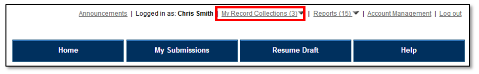 Permits Online screenshot 2: To access a collection select the "My Record Collections" link at the top of the screen.