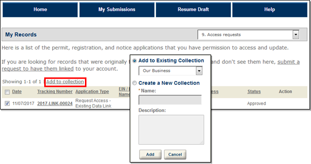 Permits Online screenshot 4: You may add a record to an existing collection from the "My Submissions" page by selecting the check box next to the record…