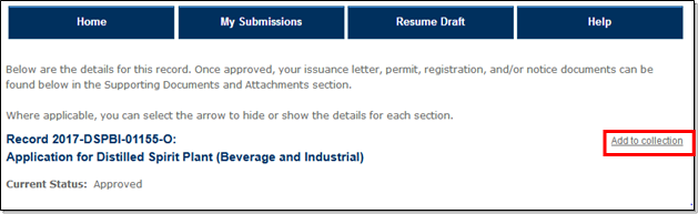 Permits Online screenshot 5: You may also add a record to a collection from the "Records Detail" screen for a particular submission.