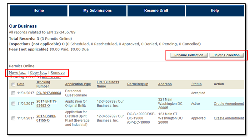 Permits Online screenshot 6: The remainder of the options to modify a collection are available when you view the collection.