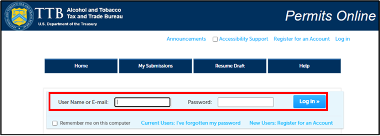 Permit Online Login screen with User Name and Password highlighted.