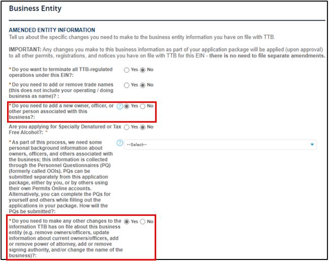 Permits Online screenshot 11: Identify the Type of Change