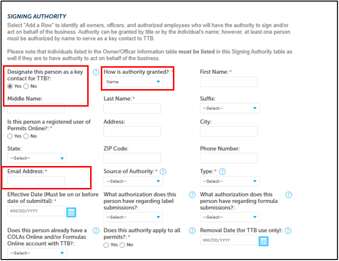 Permits Online screenshot 19: Add New Officer or Owner to the Signing Authority Table