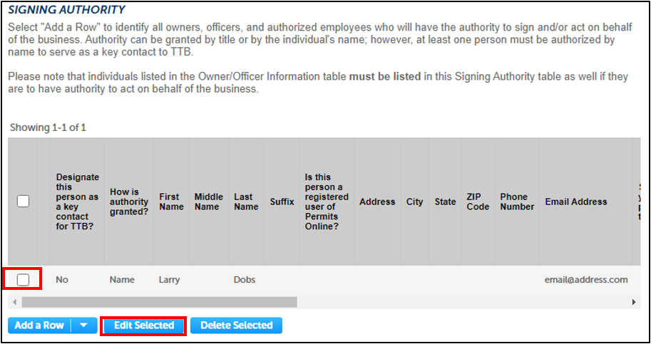 Permits Online screenshot 20: Designate an Existing Individual with Signing Authority as Key Contact