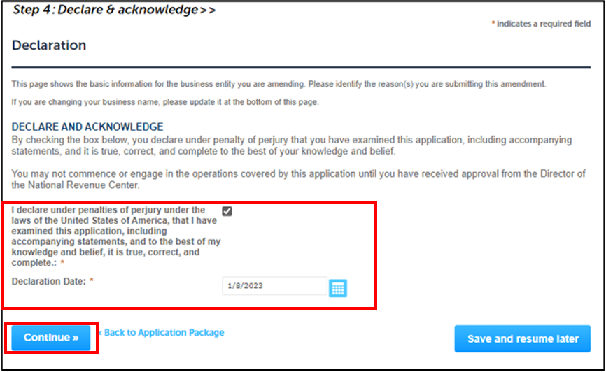 Permits Online screenshot 22: Complete an Acknowledgement of Amendment Selections