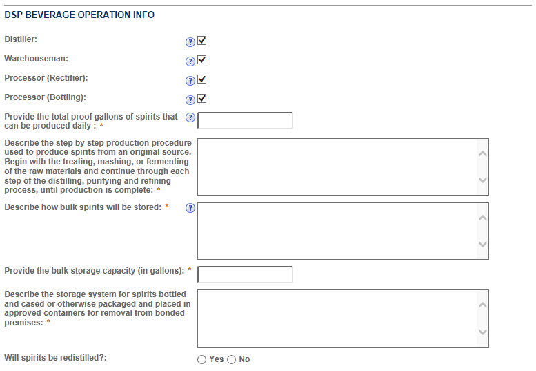 Permits Online screenshot 2: Based on the DSP operation type the questions may vary. There is an option to be both a beverage and industrial DSP.