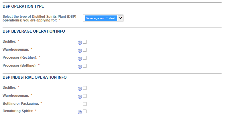 Permits Online screenshot 4: Based on which type of DSP industrial operation you select, different questions will appear.