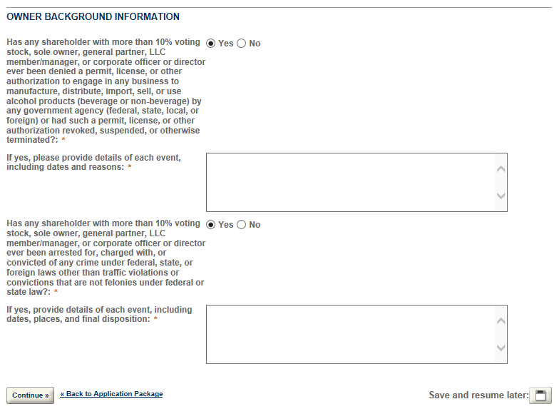Permits Online screenshot 9: If you answer "Yes" to having a tasting room or a retail store, additional questions will appear.
