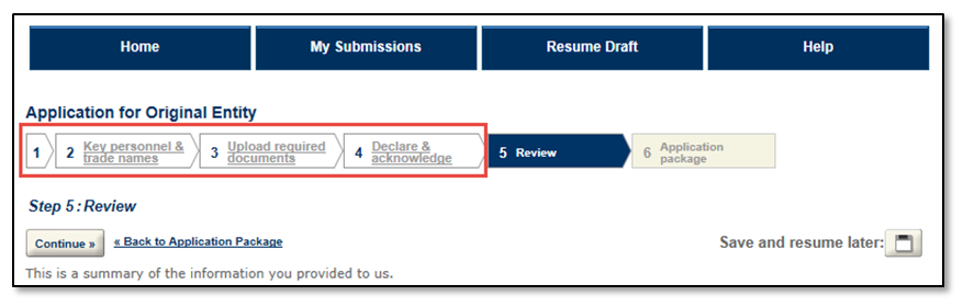 Permits Online screenshot 2: To go to a previous screen for editing or review, simply select the appropriate step from the Step Indicator bar .