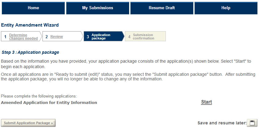 Permits Online screenshot 5: From here select "Start" to open and complete the Amended Application for Entity Information.
